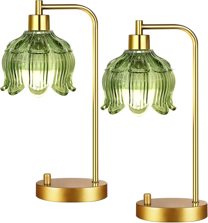 ILLMTW Glass Table Lamp Set of 2,Small Gold Bedside Lamps Dimmable Boho Bedroom Lamp with Tulip Flower Green Lamp Shade,Vintage Mid Century Modern Mini Nightstand Lamp for Bedroom Living Room