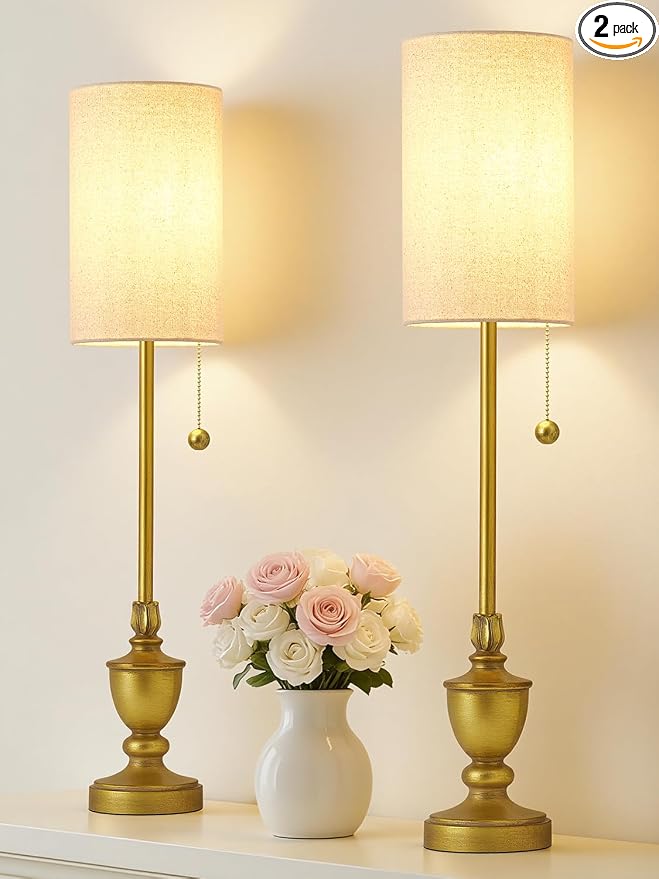 EJIAXIN Buffet Table Lamps Set of 2-28" Tall Skinny Brass Finish Resin Table Lamp for Living Room - Farmhouse Candlestick Lamp with Pull Chain for Console Table,Dining Room,Entryway,Hallway,Bedside