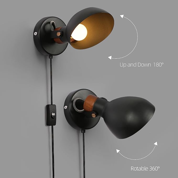 Aisilan Plug Wall Sconce Black Bedroom Wall Sconces Modern Adjustable Wall Lamp with E12 Bulb Wooden Indoor Wall Lighting for Bedside Living Room Hallway Reading 5W 3000K