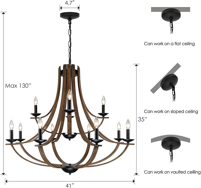 Farmhouse Chandeliers for Dining Room Light Fixture, 2 Tier 12-Light 41" Adjustable Height Retro Faux Wood Texture Rustic Light Fixtures for Living Room Bedroom Foyer Entryway