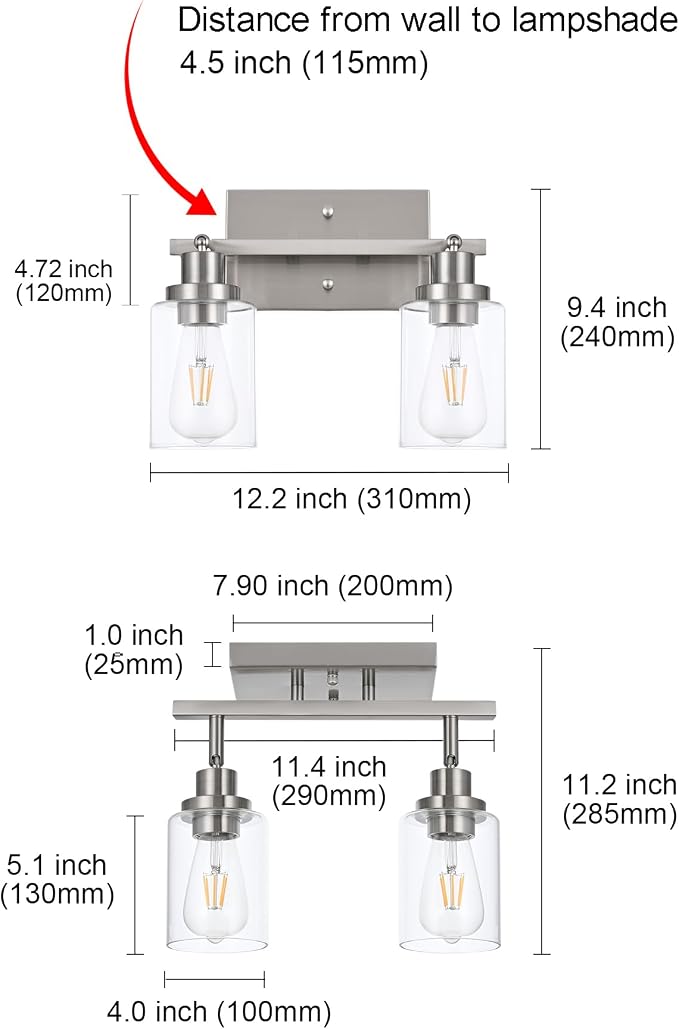 MELUCEE 2 Light Rotatable Track Lighting Kit Spotlight Brushed Nickel | Semi Flush Mount Ceiling Light Bathroom Lights Wall Scone for Hallway Porch Foyer Bath Storage, Clear Glass Shade
