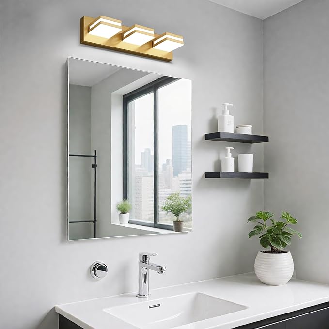 IZORRO LED Modern Bathroom Lights Fixtures(3-Light,Dimmable,360°Rotate),Brushed Glod Acrylic Wall Lighting,Vanity Lights for Bathroom Over Mirror - 6000k 16In （No Assembly Required）