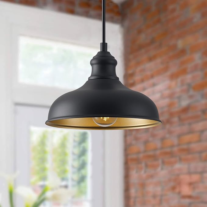10in Dome Outdoor Pendant Barn Light Fixture Farmhouse Style Black Pendant Lighting Kitchen Island Hanging Lamp for House, 2 Pack Entrance Pendant Mount Lights with Brass Interio, Adjustable