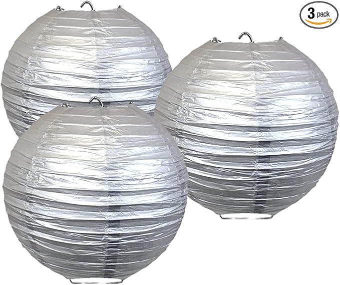 Pack of 3 Round Paper Lanterns Lamp Wedding Birthday Party Decoration (Silver, 6"/15CM)