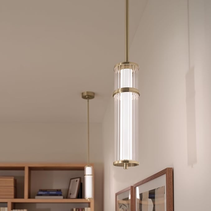 Kichler Riven LED 1-Light Pendant with Clear Fluted Glass in Champagne Bronze, Sloped Ceiling Compatible, for Kitchen or Dining Room (15.5" x 5"), 52755CPZLED