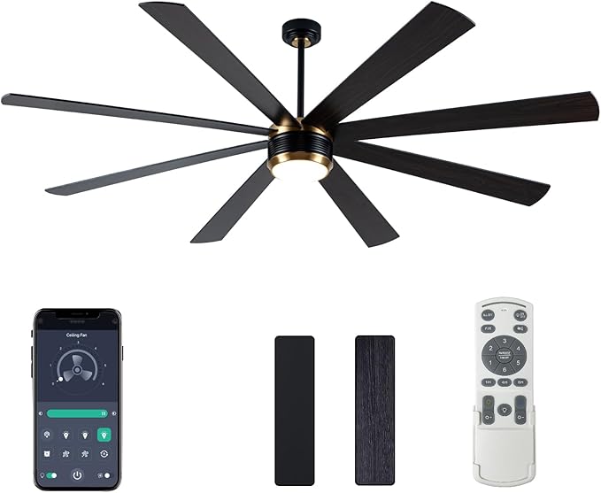 SHOWDI Ceiling Fan with Lights and Remote Control, 8 Blade App Commercial Industrial Ceiling Fan with Lights Reversible Stepless Brightness and Color Temperature(Black-Gold, 84 Inch)
