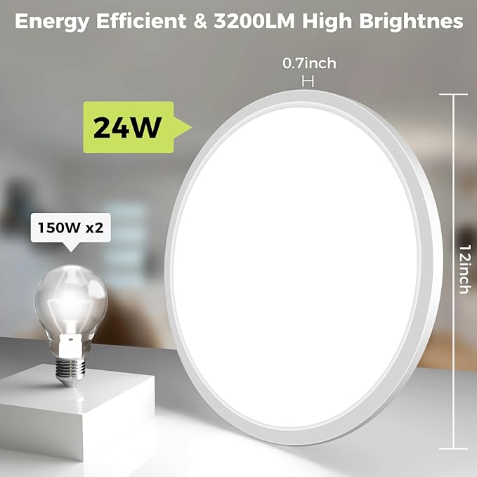 8Pack LED Flush Mount Ceiling Light Fixture, 12Inch 24W, Dimmable&3000K/3500K/4000K/5000K/6500K Adjustable Low Profile Ceiling Lights, 3200LM Modern Lamp for Bedroom, Porch, Kitchen, Hallway, White
