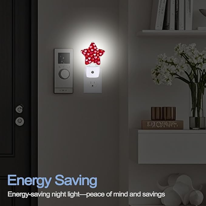 Night Light,Red Pink Love Heart Plug into Wall with Dusk to Dawn Light Sensors,Cute Hearts Warm Star Nightlights for Bedroom,Bathroom,Hallway,Kitchen Home Decor Desk Lamp
