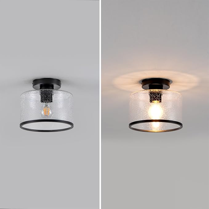 Zlepmlla Modern Flush Mount Ceiling Light, Seeded Glass Ceiling Light Fixture, Black Light Fixture for Hallway, Bedroom, Entryway, Kitchen，Living Room