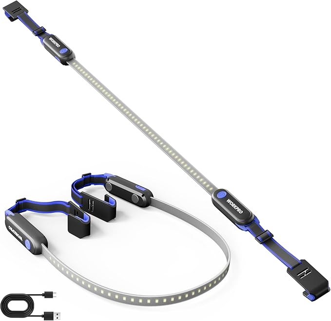 WORKPRO Rechargeable Underhood Work Light, 25inch Long Foldable LED Work Light Bar, 3 Lighting Modes with Adjustable Straps and Hooks, Magnetic Light for Car Repairing/Garage/Workshop/Emergency