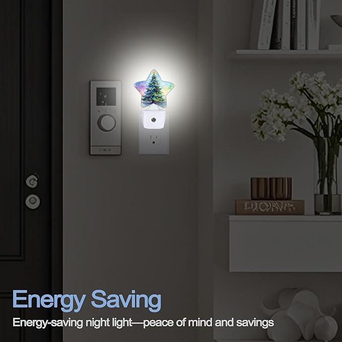 Night Light,Christmas Tree Plug into Wall with Dusk to Dawn Light Sensors,Green Watercolor Warm Star Nightlights for Bedroom,Bathroom,Hallway,Kitchen Home Decor Desk Lamp