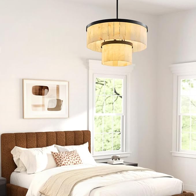 Alabaster Chandelier 2-Tier D24 Round Chandeliers, Modern Dining Room Chandelier Marble Pendant Light Farmhouse for Living Room, Bedroom, Foyer, Kitchen, Entryway Black(Include Bulbs)