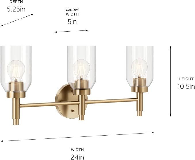 Kichler Madden 3-Light Bathroom Vanity Light, Champagne Bronze | Modern vanity light with clear glass for single bathroom mirrors (24" x 10.5"), 55185CPZ