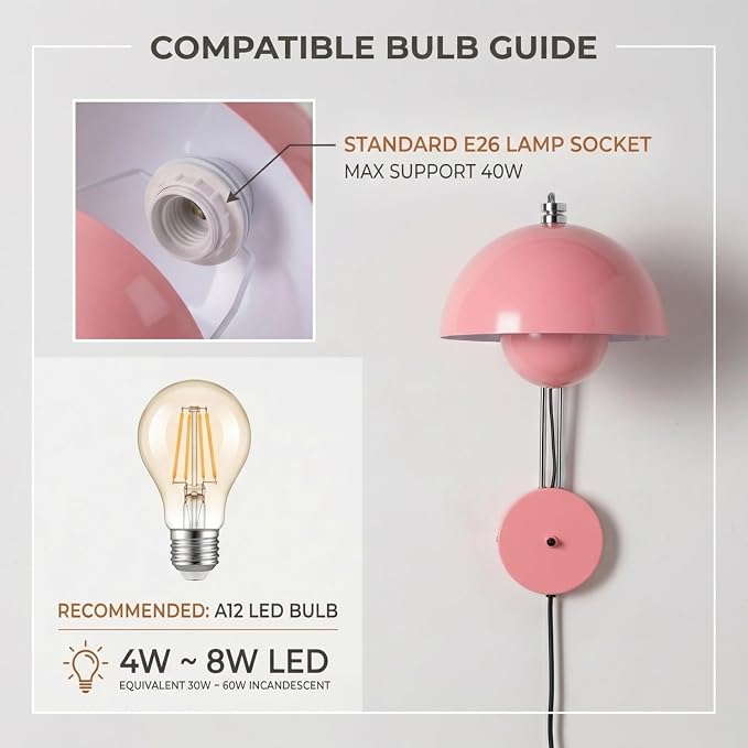 COSYLUX Mid-Century Modern Bud Plug in Wall Sconces for Bedroom, Light Pink | Indirect lighting reading wall lamp, all-metal construction, plug-in or hardwired install, fits bedroom bedside, living room