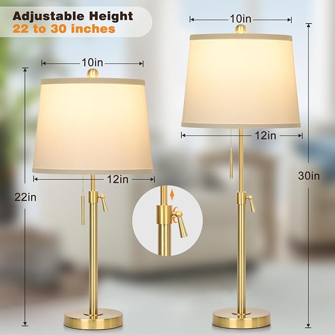 Modern Gold table Lamp 22" to 30"Adjustable Height 3 Brightness Way Brass Nightstand with White Linen Shade Pull Chain Pole Lights for Living Room Guest Bedroom End Table Office(Bulb Included, Single)