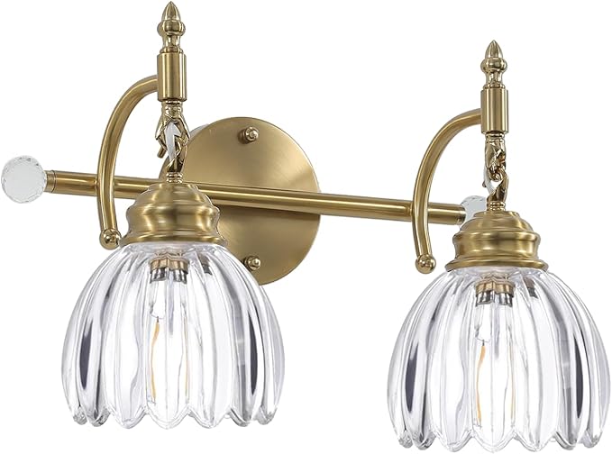 2 Light Vintage Vanity Light,Gold Brass Bathroom Light Fixture with Flower Clear Glass Shades,Bathroom Wall Light Over Mirror,E26 Base,Bulbs NOT Included