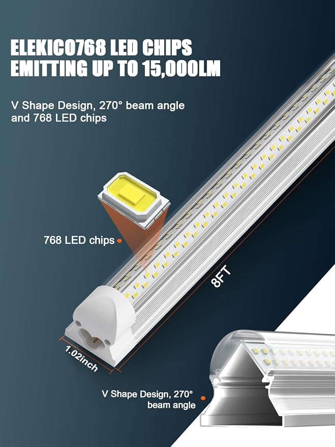 Industrial-grade Ultra-Bright 100W 8FT Led Shop Lights 15000LM 6Pack | 8' 100-277V 5000K Daylight Linkable 8 Foot led shop lights 8ft for Garage Shop Workshop Warehouse Barn Lighting with 5FT Plug