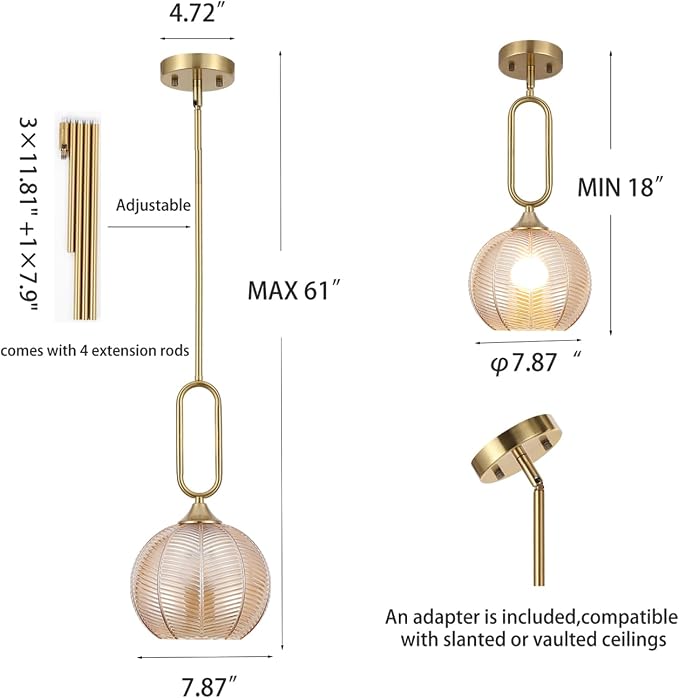 Amber Glass Pendant Light Modern Globe Pendant Lighting Nordic Ribbed Gold Ceiling Hanging Chandelier with Brushed Brass Adjustable Rods Dining Room Kitchen Island Light Fixture