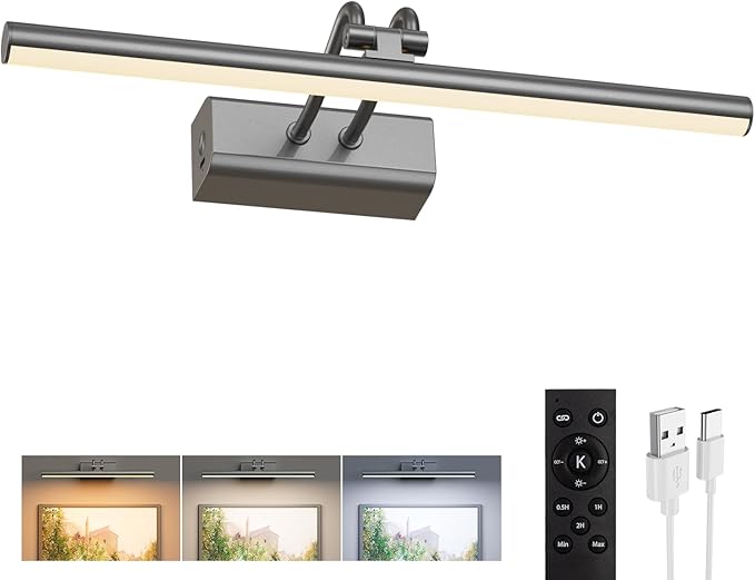 Battery Operated Picture Light for Wall, Grey, 13.8", Remote Control | 4000mAh Cordless,Grey Wall Light, Magnetic for Easy to Charge,Timers, Display for Gallery Living Room Bedroom