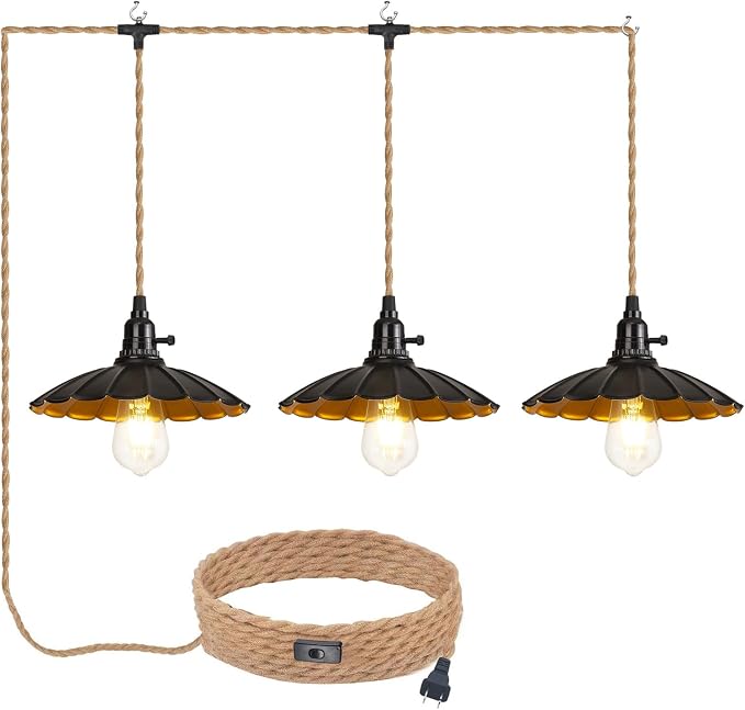 3-Light Plug in Pendant Light Fixtures Chandelier | Switch 22FT Industrial Ceiling Hanging Lamp Cord Farmhouse Cable DIY Including DIY Lotus lampshade