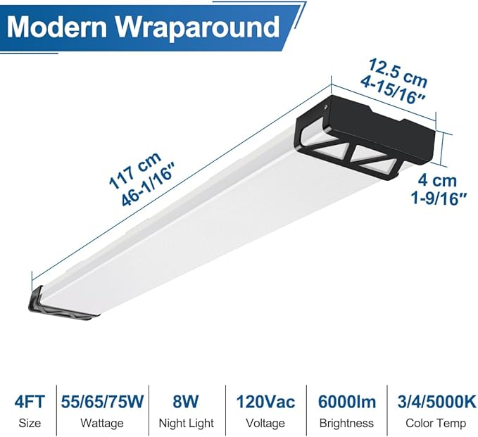 DAKASON 4FT LED Light Fixture for Kitchen Ceiling with Night Lighting, 48inch Wraparound for Laundry 75/65/55W 3/4/5000K Selectable, 4' Shop Light Replacing Fluorescent Tube 4Pack