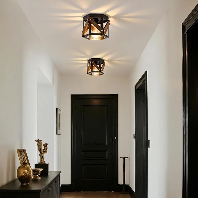 XSDeTu 2 Pack Farmhouse Flush Mount Ceiling Light, Rustic Hallway Light Fixtures Ceiling, Vintage Black Lighting Fixtures with Metal and Wood Cage, Small Chandelier for Kitchen Sink Entryway Bathroom