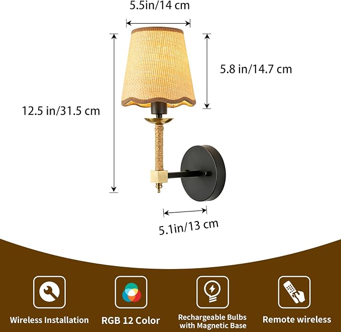 Boho Battery Operated Wall Sconce Set of 2, Medium Black Gold Wireless Rechargeable Wall Lights with Rattan Shade, 12 RGB and 3CCT Dimmable Cordless Wall Lamps with Remote for Living Room