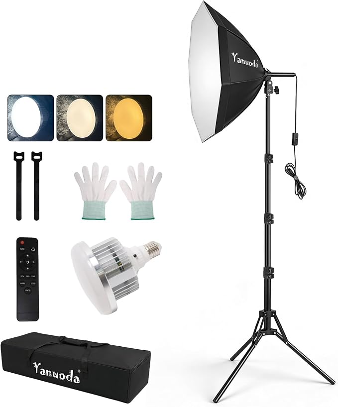 20" Softbox Lighting Kit, Remote & Stand Included | Octagonal Softbox Design, CRI 97+ Color Accuracy, 95W 3000K-7500K Dimmable, Remote & Cable Control, 3-Min Tool-Free Setup