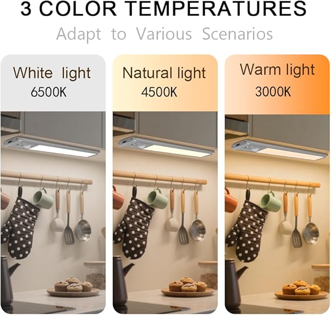 2 Pack Motion Sensor Under Cabinet Lights, 52 LED Rechargeable Closet Light with 3 Color Temps & Stepless Dimming, 1500mAh High Capacity Wireless Magnetic Light for Kitchen, Pantry, Wardrobe