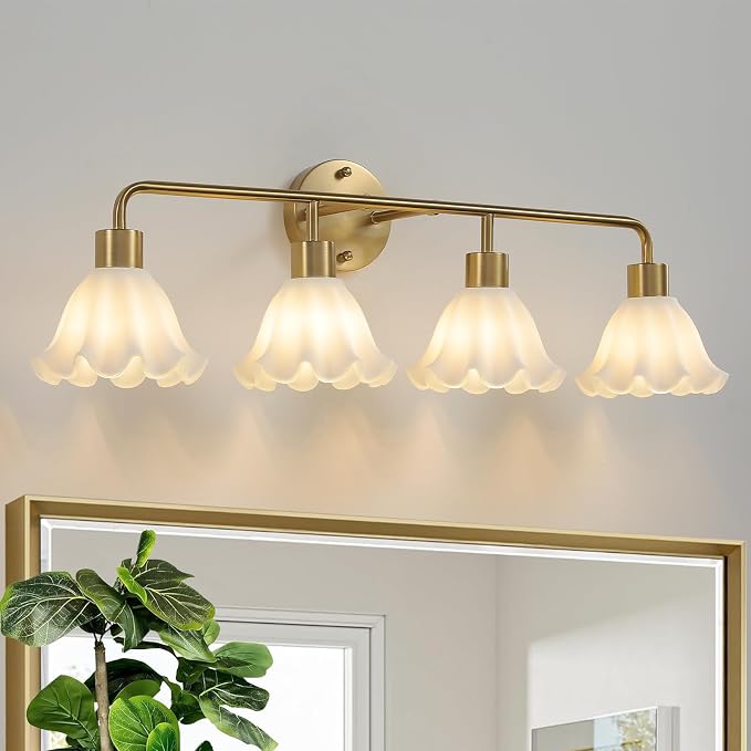 4 Light Gold Brass Bathroom Light Fixture,Brush Gold Vanity Lighting Over Mirror,Cute White Glass Flower Lampshade,Wall Sconces,E26 Socket(Bulbs Not Included)
