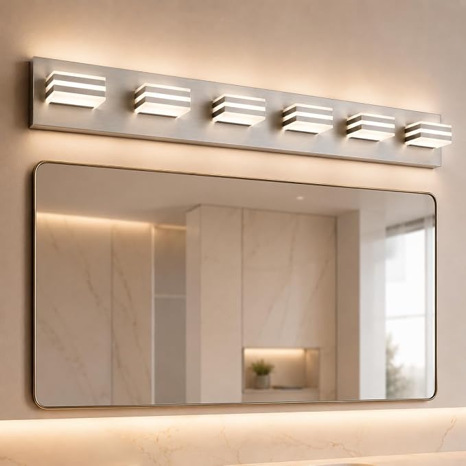 6-Light Brushed Nickel Vanity Light for Double Sink Bathroom, 41 Inch 48W 5CCT Dimmable LED Over Mirror Wall Fixture, Hardwired Light with Clear Acrylic Shade