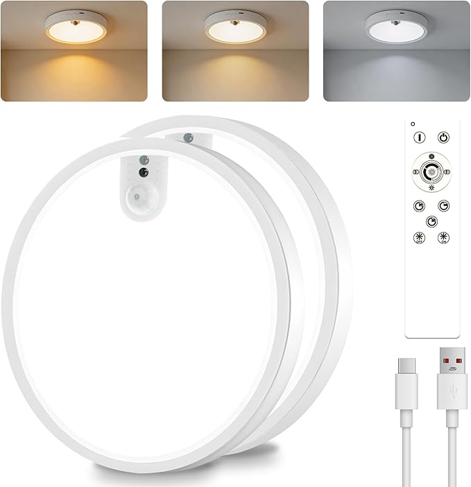 Wireless Motion Sensor Ceiling Light, 7-Inch Rechargeable, 2-Pack | Three Color Temperatures, Stepless Dimming, No Wiring, Rechargeable Battery, Ideal For Closet, Hallway And Bedroom