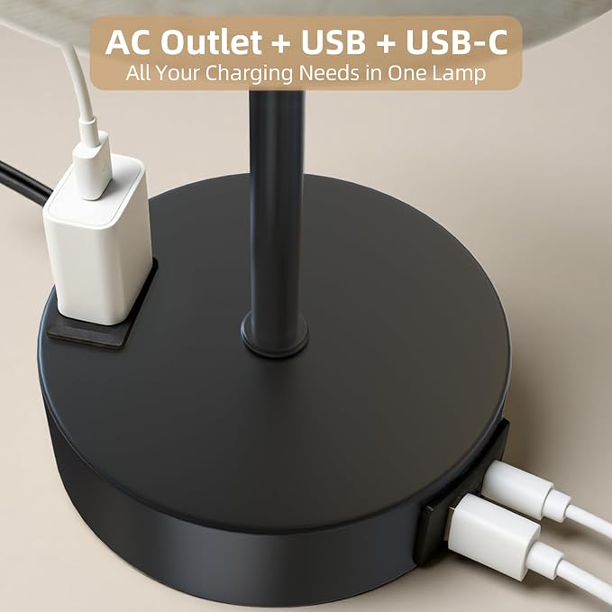 Table Lamp for Nightstand, High-Sensitivity Touch, 3-Level Dimmable Bedside Lamp with AC Outlet | USB | and USB-C, Ideal Night Stand Lamp for Bedroom (2, Beige&Black)