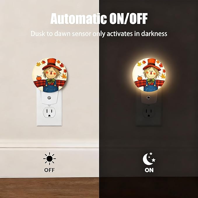 Mugod Autumn Scarecrow Plug-in Nightlights Maple Leaf Fall Night Light Plug into Wall with Dusk-to-Dawn Sensor LED Lighting 0.5W Sleep-Friendly