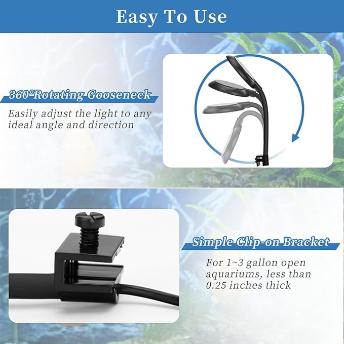 Mini Clip On Aquarium Light 7W Dimmable Small Fish Tank Light USB Moving Lamp with White Red Blue Green LED for 1 to 3 Gallon Tanks (with Timer)