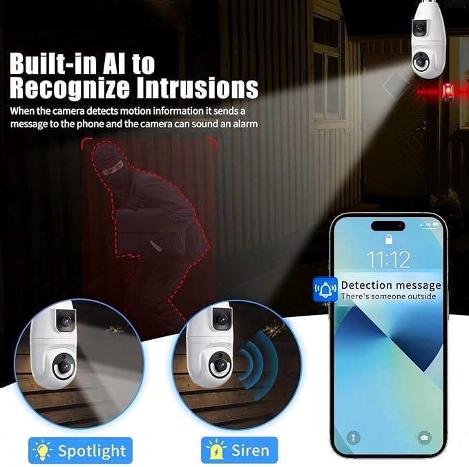 Ameyes Light Bulb Indoor Camera Wireless with Dual-Lens, 1080P Dog/Pet Cameras for Home Security, 2.4&5GHz WiFi Camera with Phone App, Color Night, Motion Detection, Compatible with Alexa