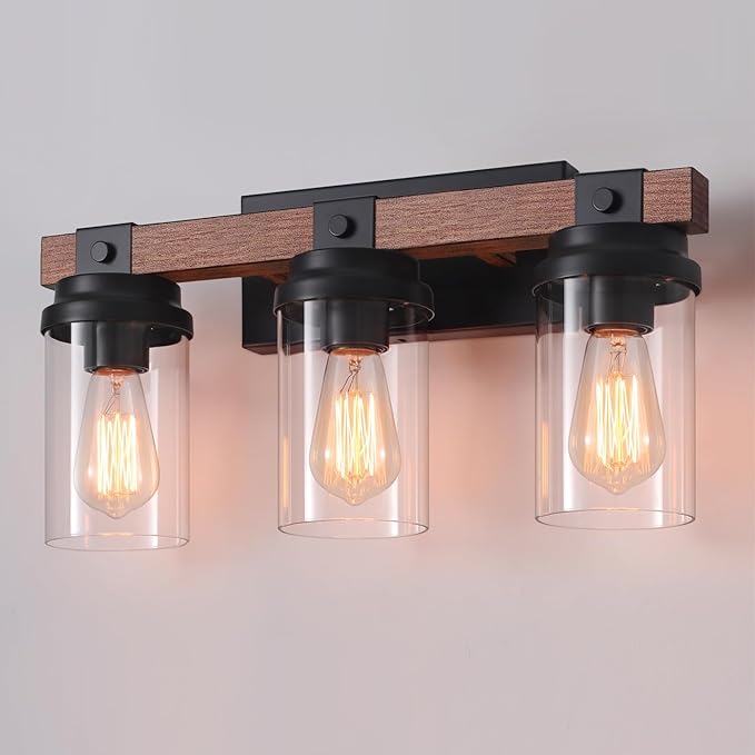 3-Light Farmhouse Vanity Lights Bathroom Lighting Fixtures Over Mirror | Faux Wood Rustic Wall Mount Light with Clear Glass Shade,Industrial Black Metal Wall Sconces for Bathroom Living Room