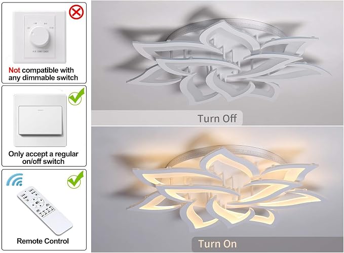 Garwarm 33.5" Modern LED Low Profile Flush Mount Ceiling Light, Dimmable | White Acrylic Flower Petal Ceiling Light with Remote, 3000K-6500K for Living Room,Primary Bedrooms, Dining Room,Home Office