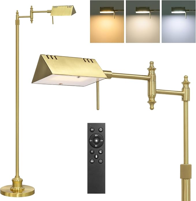 Bairth Light Gold Reading Floor Lamp, Dimmable Pharmacy Standing Lamp | 3 Color Temperature, Dimmable, 17W LED, Height Adjustable, 360°Swing Arm, for Living Room, Bedroom, Office, Craft & Sewing