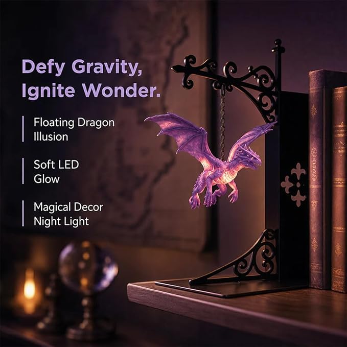 Magical Floating Dragon Bookshelf Lamp, Warm LED Dragon Night Light, Fantasy Reading Nook Decor, Unique Gift for Fantasy Lovers and Book Readers (Purple)