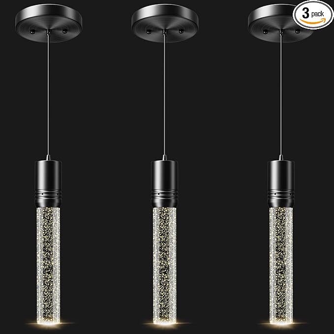 Black Pendant Lights Kitchen Island, Crystal Bubble Pendant Lights, Adjustable Modern Pendant Light Fixtures for Dining Living Room Bedroom 3 Pack