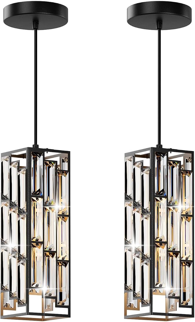 Modern 1-Light Crystal Pendant Light Kitchen Island, Black, 2-Pack | Mini Crystal Chandeliers, Height Adjustable Cord, Ceiling Hanging Lighting for Kitchen Island Dining Room Bedroom