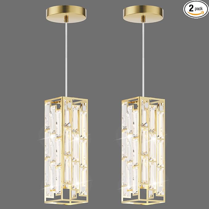 Modern 1-Light Crystal Pendant Light Kitchen Island, Brass, 2-Pack | Mini Crystal Chandeliers, Height Adjustable Cord, Ceiling Hanging Lighting for Kitchen Island Dining Room Bedroom