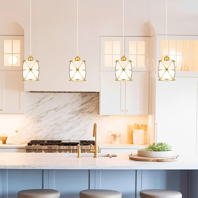 Brushed Gold Pendant Lights for Kitchen Island Set of 2, Pendant Lights Kitchen Island with Frosted Glass Shade, Modern Bathroom Pendant Lighting for Foyer, Dining Room, Entryway - Adjustable Height