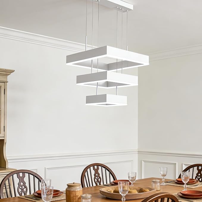O'NEELDY Modern Chandelier White Pendant Lights Square LED Dining Room Light Fixture Height Adjustable Kitchen Island Lighting 3 Rings Flush Mount Chandeliers for Living Room,Bedroom,Dining Table