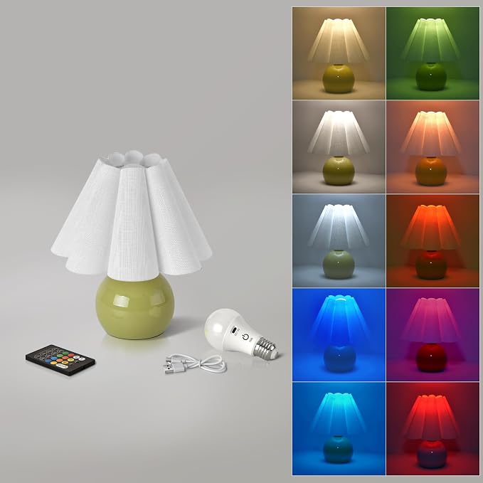 Rechargeable Cordless Green Small Table Lamp, Battery Operated Remote Control LIght Mini Cute Table Lamps for Bedroom Nightstand, Cute Small Table Lamp for Small Spaces for Kitchen Counter, Bookshelf