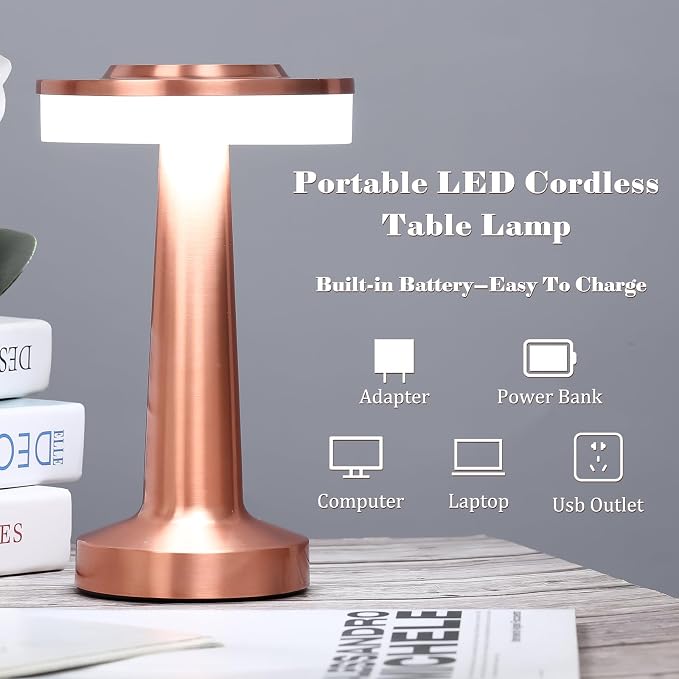 Riakrum 1 Pcs Rose Gold LED Portable Cordless Table Lamp Bulk with Touch Sensor 3 Color Stepless Dimming Rechargeable Battery up to 15 Hours Cordless Table Light Wireless Lamp Wedding Home