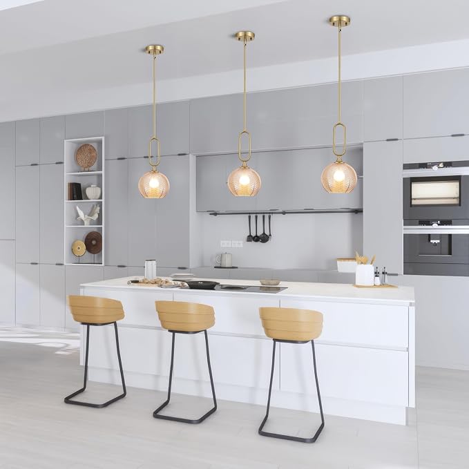 Amber Glass Pendant Light Modern Globe Pendant Lighting Nordic Ribbed Gold Ceiling Hanging Chandelier with Brushed Brass Adjustable Rods Dining Room Kitchen Island Light Fixture