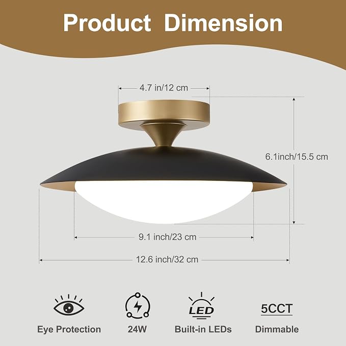 Dimmable Modern Mid-Century LED Ceiling Light, Black and Gold, 12.6 Inch | Semi Flush Mount Ceiling Light, 5CCT 2700K-6000K Lighting Fixture Ceiling Lamp with Glass Shade for Bedroom Hallway Kitchen