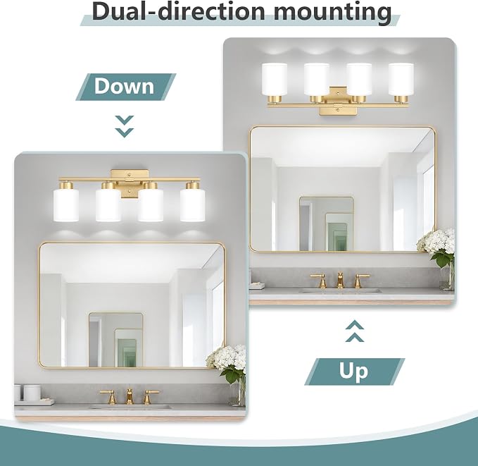 Gold Bathroom Light Fixtures Vanity Lighting Over Mirror | 4-Light Modern Wall Sconces with Milky White Frosted Glass Shades for Restroom (E26 Socket)